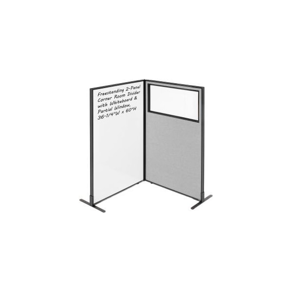 Global Equipment Interion 2-Panel Corner Room Divider with Whiteboard Partial Window, 36-1/4"W x 60"H, Gray 695175GY - main